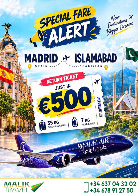 Madrid to Islamabad return ticket from €500